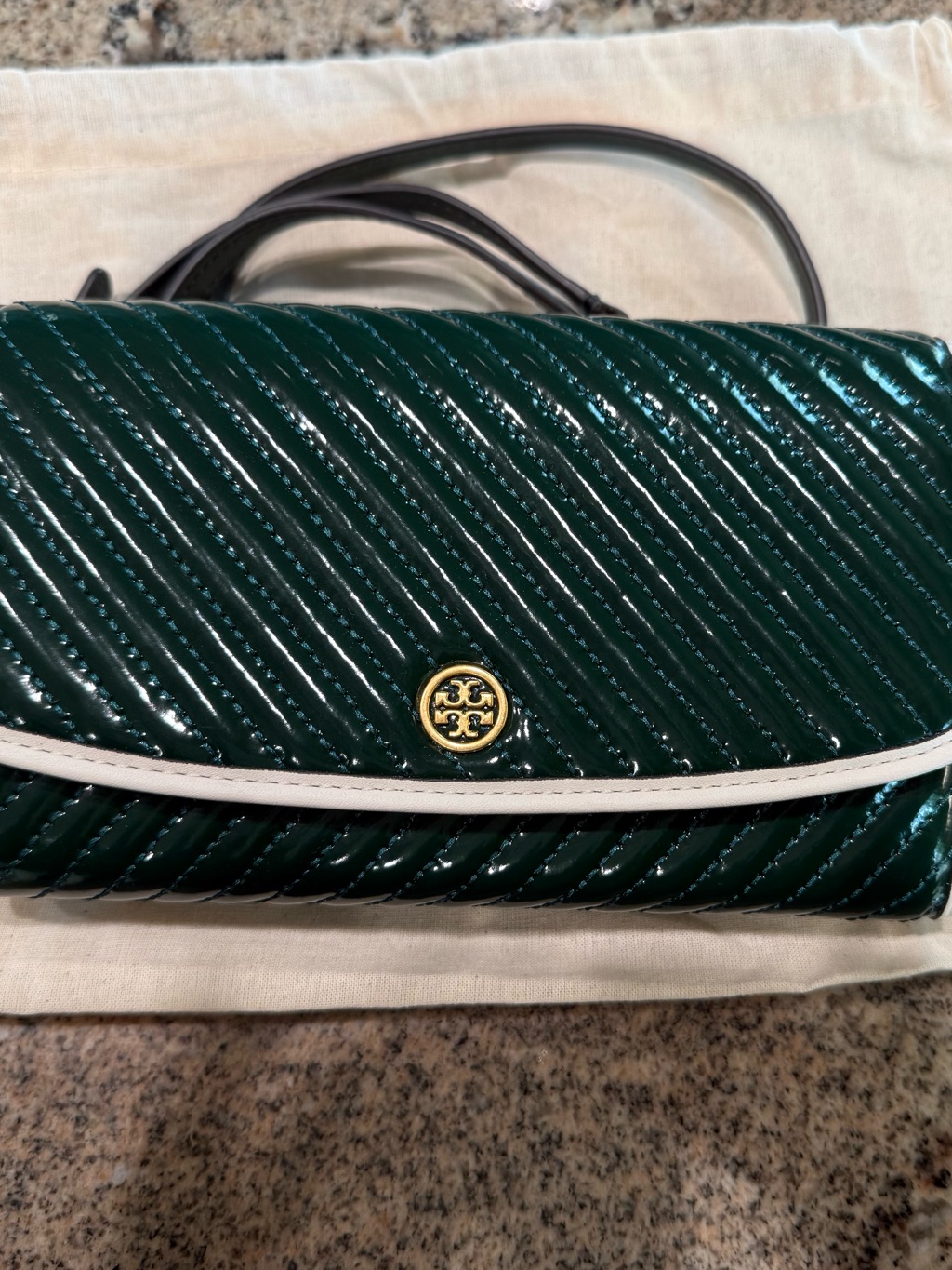 Tory Burch Emerald Green Quilted Patent Crossbody With White Trim